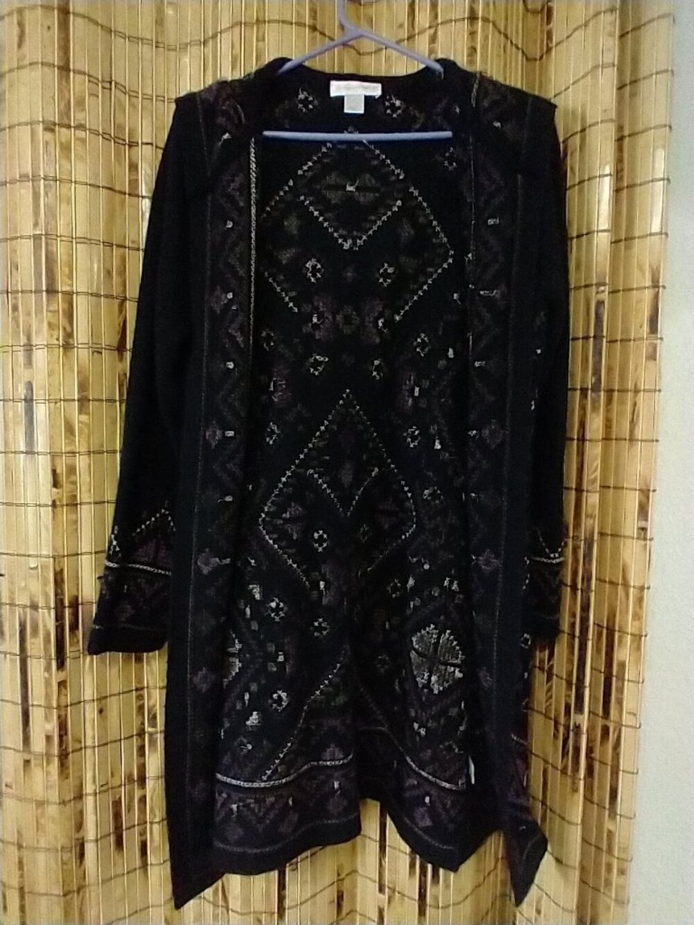 Christopher & Banks Black Patterned Hooded Open Front Duster Cardigan Size S
